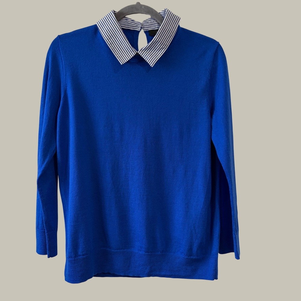 J.Crew Royal Blue Merino Wool Sweater with Striped Collar Layered Look Large